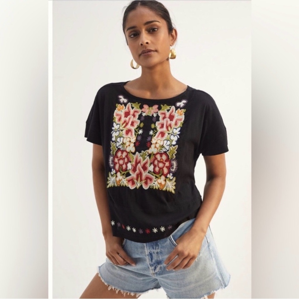 Anthropologie Black Top with Floral Embroidery